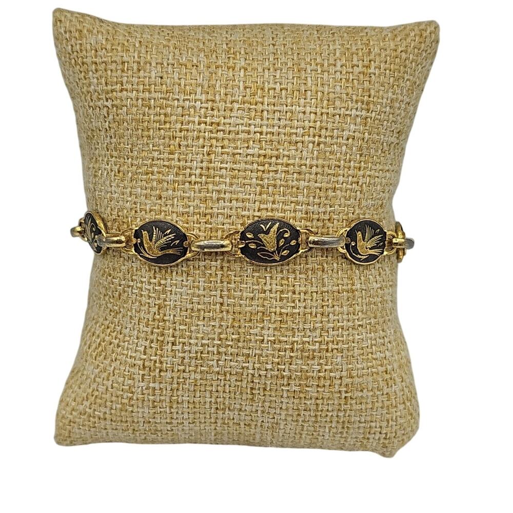 Damascene Bracelet Birds and Flowers gold tone and black enamel safety chain 7”